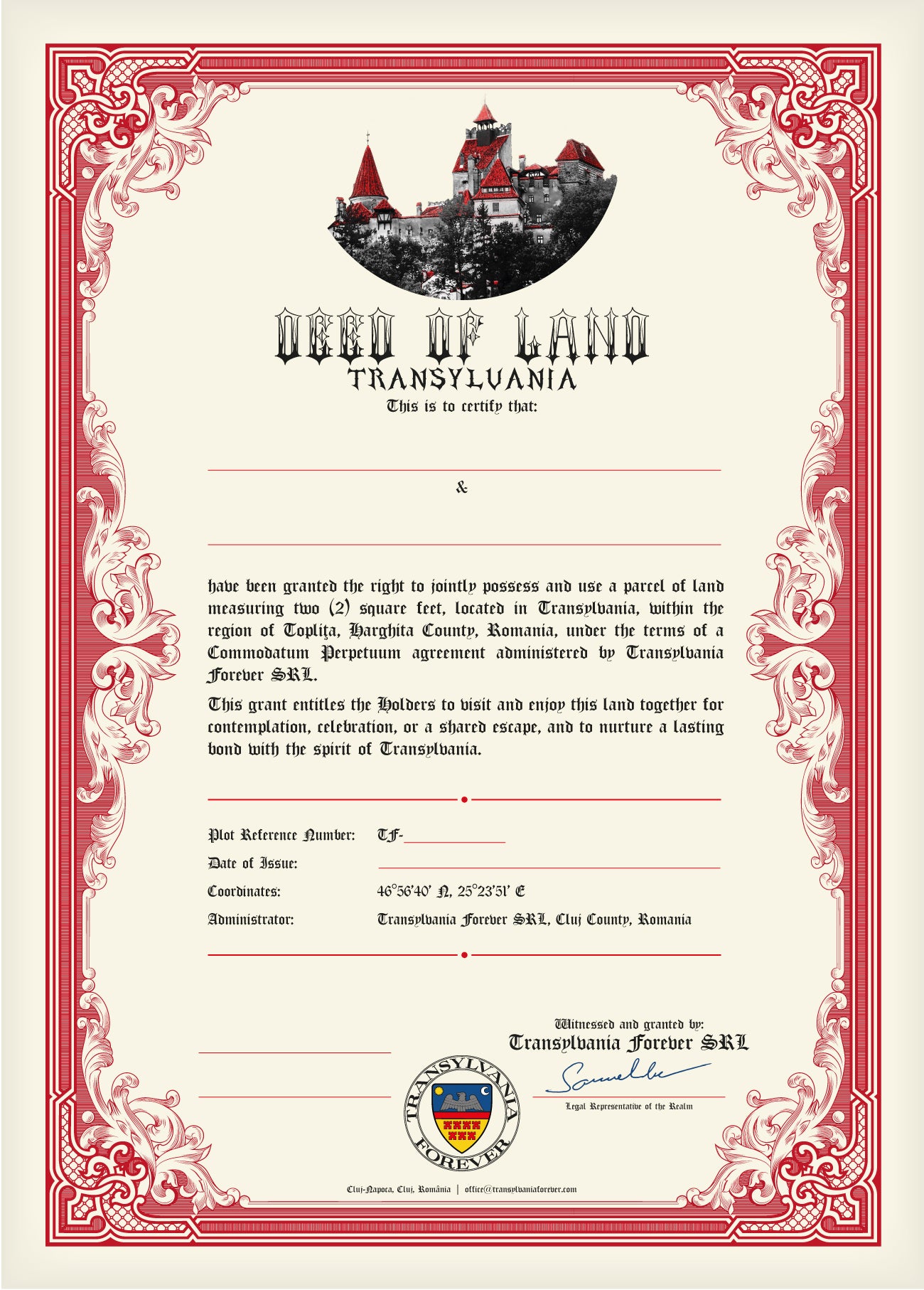 Transylvania Land Certificate – Couple/Friendship – Instant Download