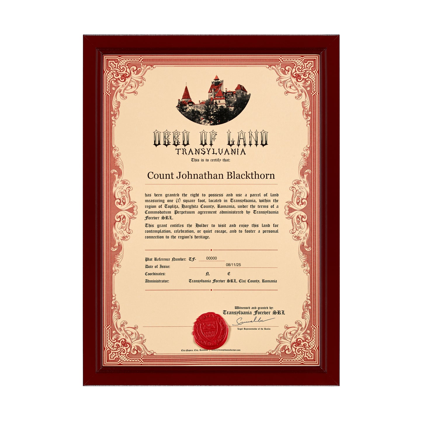Transylvania Land Certificate – Individual – Framed Display Edition
