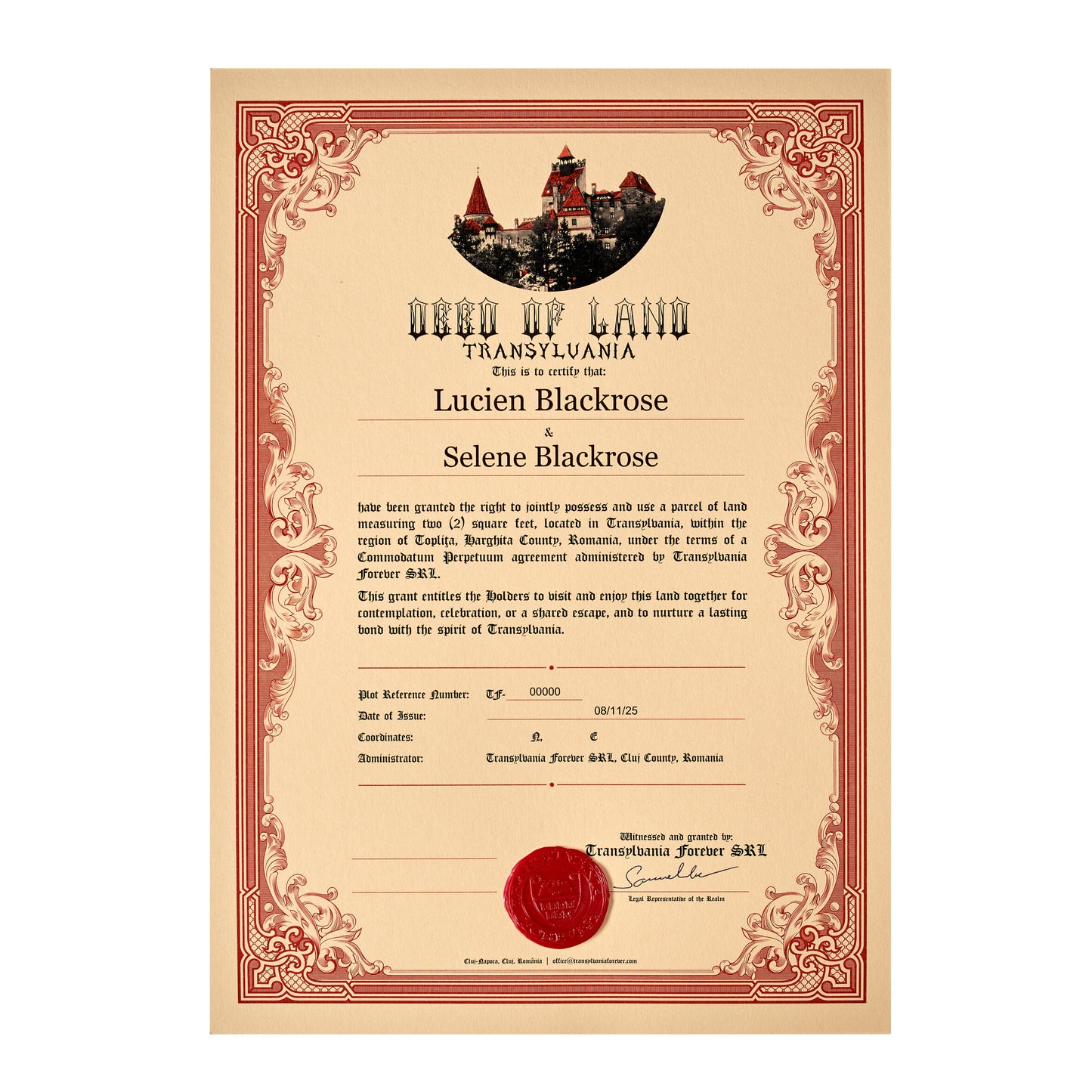 Transylvania Land Certificate – Couple/Friendship – Printed