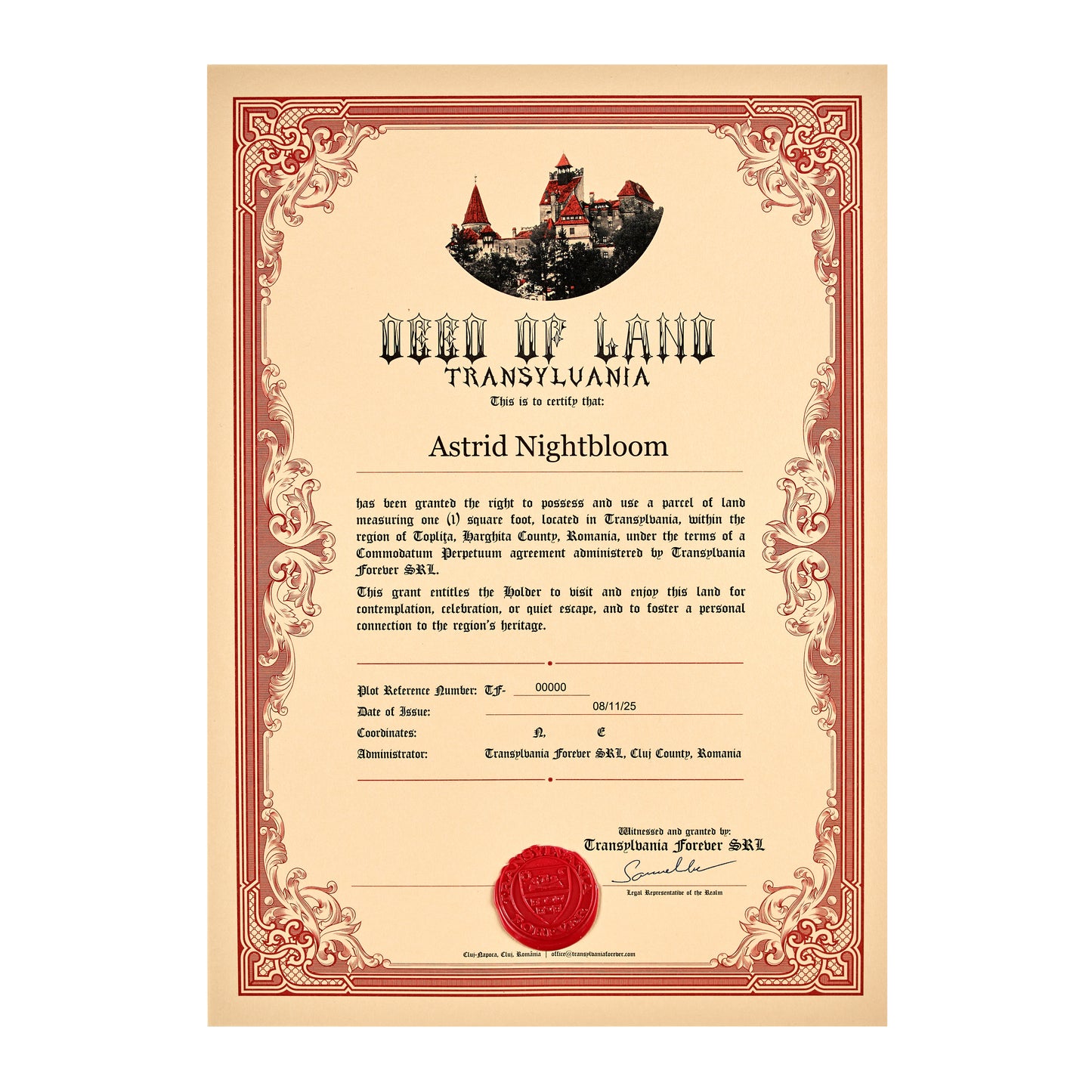 Transylvania Land Certificate – Individual – Printed