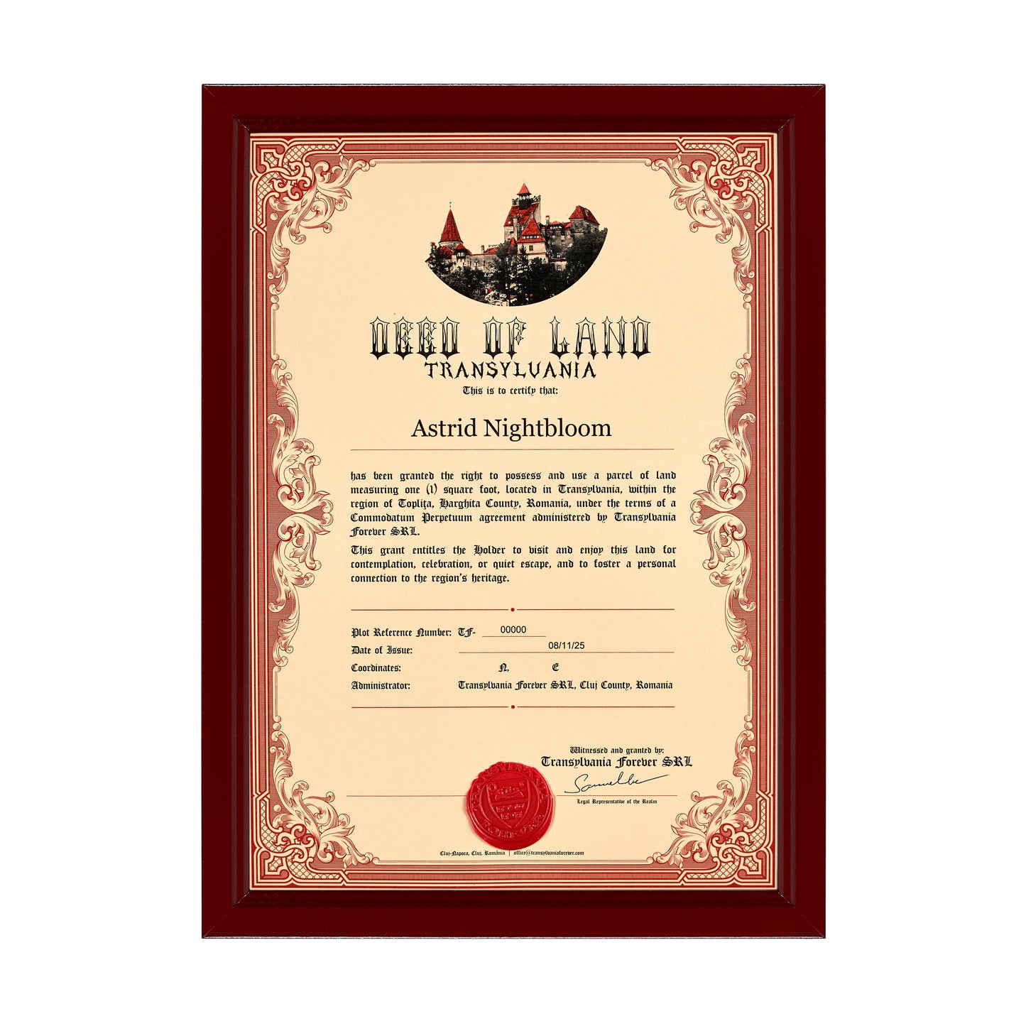 Transylvania Land Certificate – Individual – Framed Display Edition