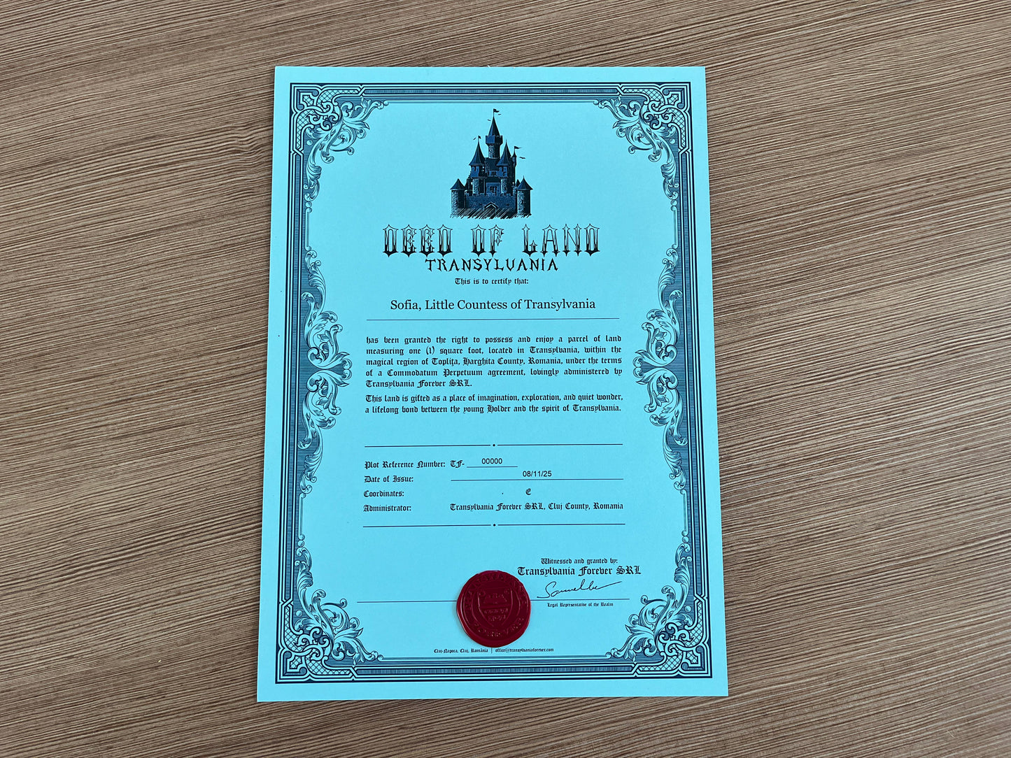 Transylvania Land Certificate – Kids – Framed Gift Edition