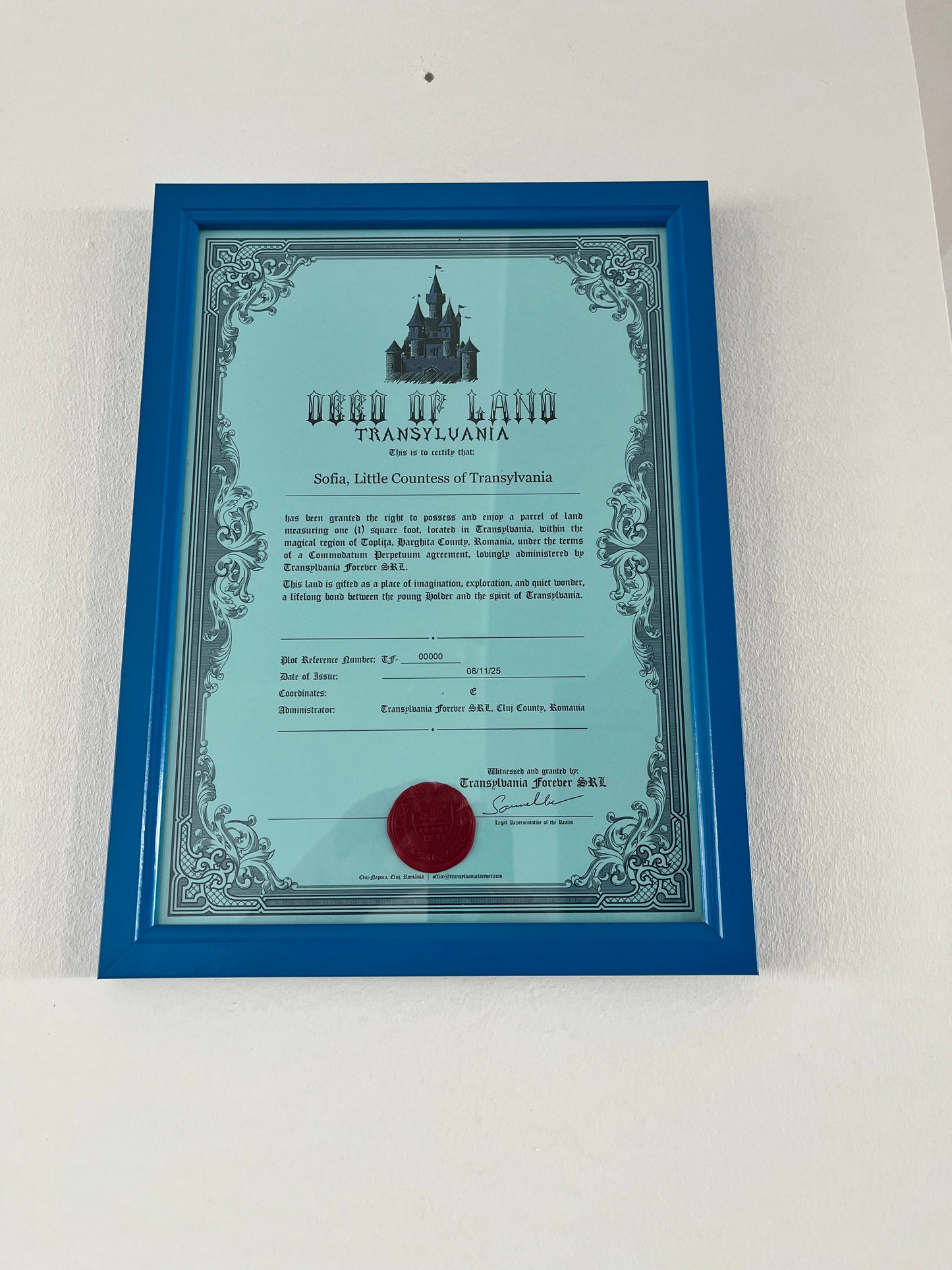 Transylvania Land Certificate – Kids – Framed Gift Edition