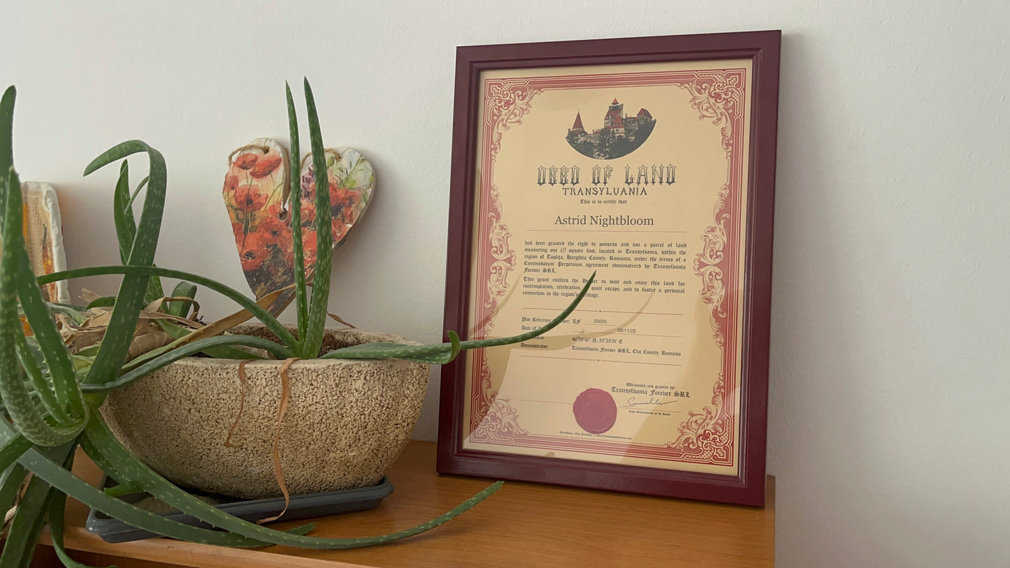 Transylvania Land Certificate – Individual – Framed Display Edition