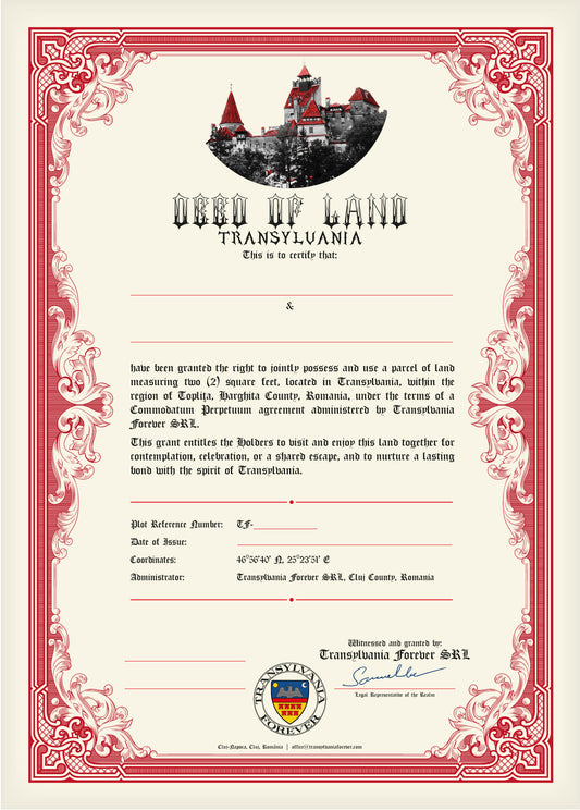 Transylvania Land Certificate – Couple/Friendship – Instant Download