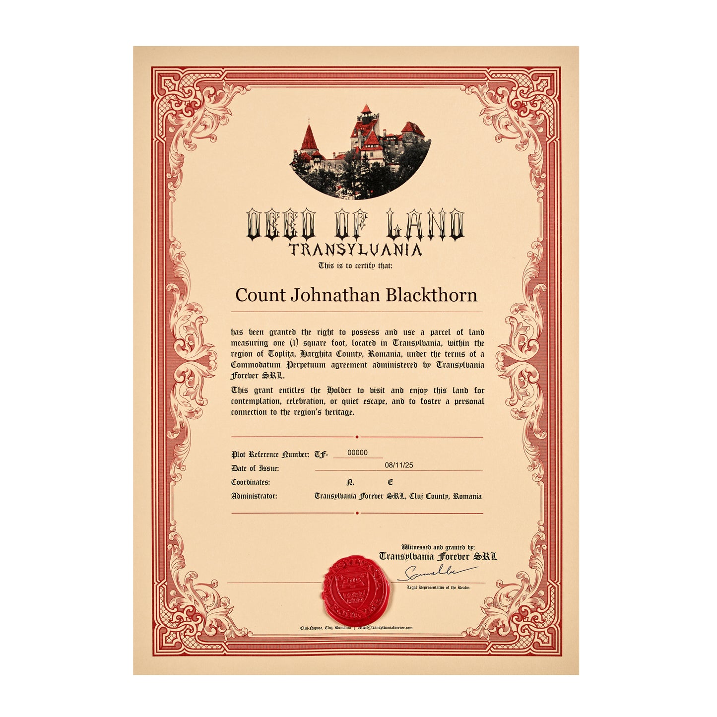 Transylvania Land Certificate – Individual – Printed