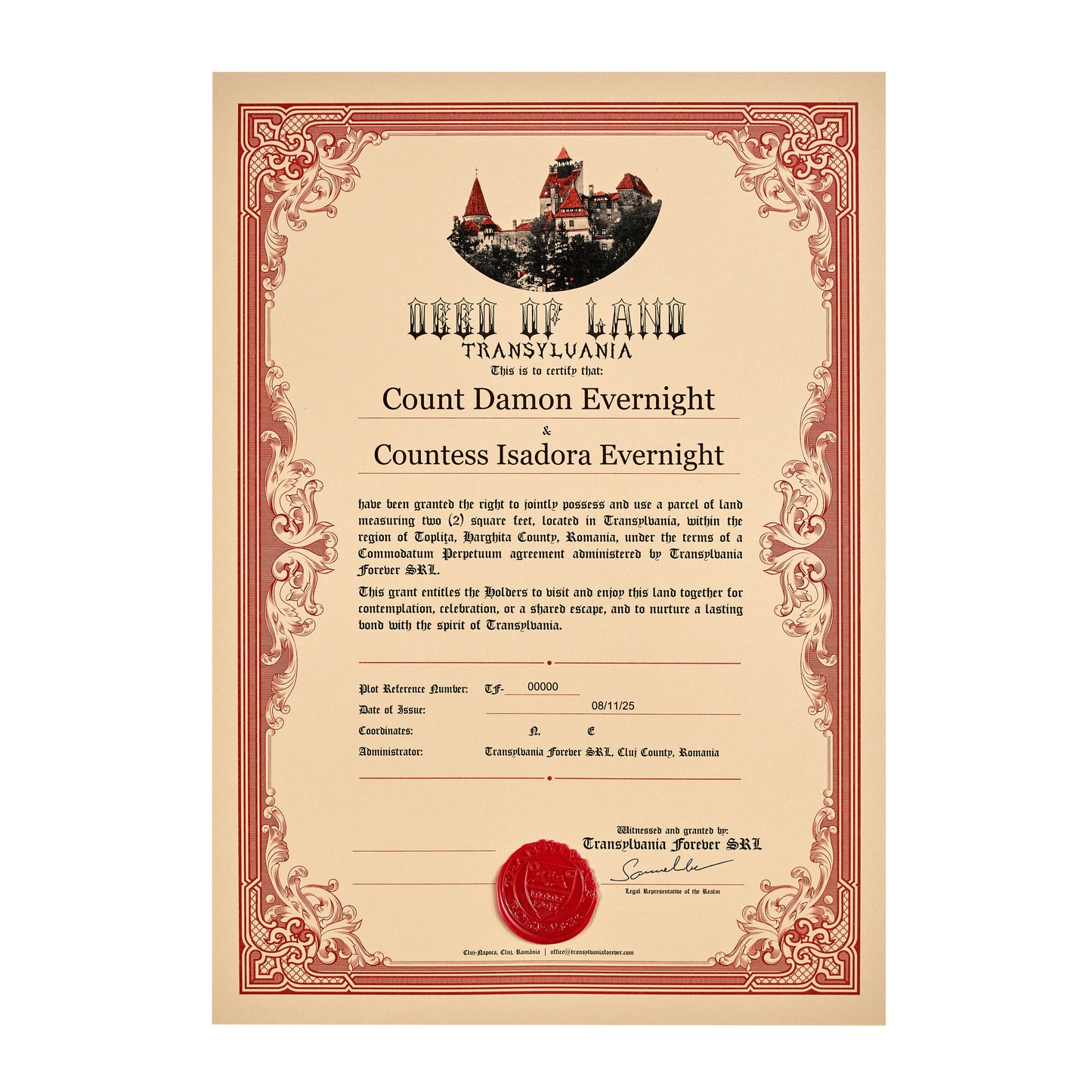 Transylvania Land Certificate – Couple/Friendship – Printed